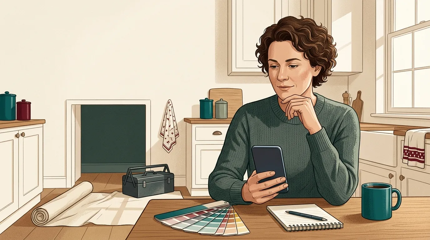 Illustration of a homeowner checking a phone while considering a local service business.